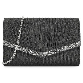 UShopUK Shiny Glitter Pleated Bridal Prom Wedding Evening Clutch Fashion Party Purse Hand Bag (Black)