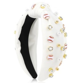 BAHABY Baseball Headbands for Women Crystal Baseball Embellished Wide Top Knot Headband for Women Game Day Hair Accessories (White)