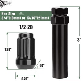 glorider 1/2"-20 Lug Nuts Spline, 20pcs 1/2x20 Aftermarket Wheel Black Lug Nut 1.38" Tall, Conical Seat Lugnuts with Socket Key for Jeep Wrangler Cherokee Commander TJ JK XJ ZJ