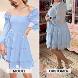 Byinns Women's Smocked Ruffle Mini Dress Square Neck Long Sleeve Party Dress Cute Cottagecore Wedding Guest Dress Light Blue