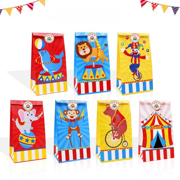 24 Pack Circus Party Candy Favor Bags with Thank You Stickers, Carnival Goody Gift Treat Bags for Circus Happy Birthday Baby Shower Decoration, Greatest Showman Themed Party Supplies