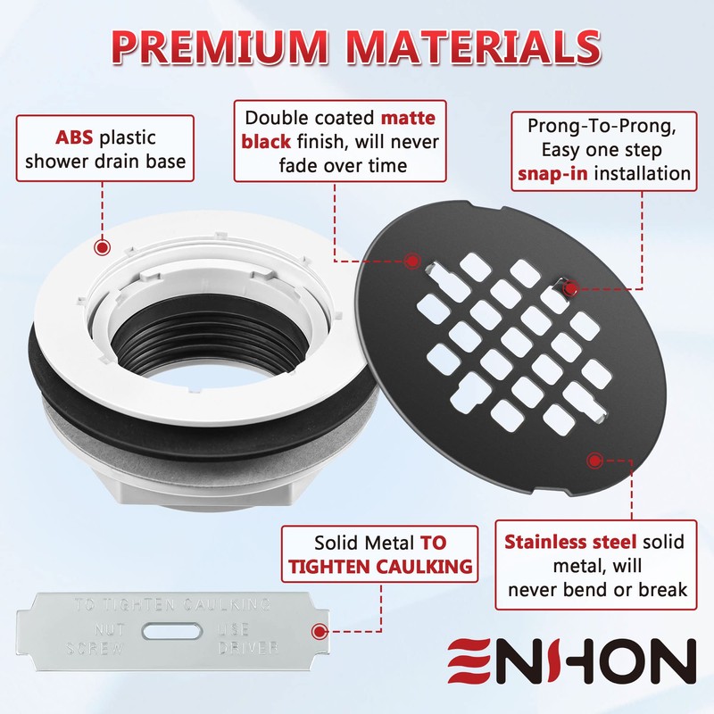 Enhon 4-1/4" OD Shower Drain Assembly, Snap in Shower Base