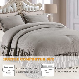 Masaca Gray Ruffled Comforter Set King,Farmhouse Shabby Boho Chic Bedding Comforter Lightweight Fluffy Aesthetic Vintage Rustic Bedding 3 Pieces (1 Ruffle Comforter and 2 Pillowcases)