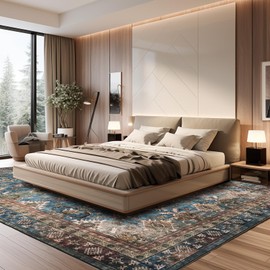 Area Rugs for Living Room Non-Shedding Boho Rug for Bedroom 0.3inch Vintage Washable Non-Slip Back Carpet for Home Office and Other High Traffic Areas (Blue Beige, 9 * 12)