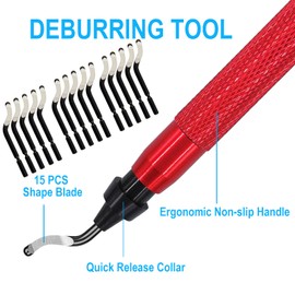 Coeweule Premium Deburring Tool with 15 Pcs High Speed Steel Swivel Blades, Deburring Tool for Metal, Resin, PVC Pipes, Plastic, Aluminum, Copper, Wood, 3D Printing Burr Removal Reamer Tool Red