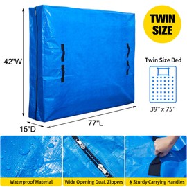 Twin Size Mattress Bag for Moving Reusable - Heavy Duty Tarp Waterproof Mattress Storage Bag - Easy Carrier Durable Mattress Protection Bag with Handles and Dual Zippers - 1 Pack