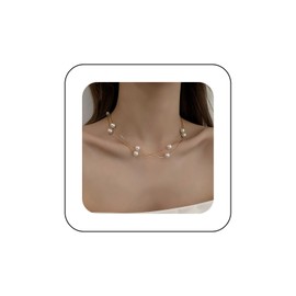 Cimenexe Bohemian Layered Pearl Choker Necklace Gold Pearl Station Bead Necklace Round White Pearl Collar Necklace Minimalist Pearl Chain Necklace Jewelry for Women and Girls Gifts