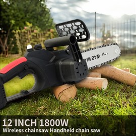 12-Inch 1800W Cordless Handheld Chainsaw,With two 1.5Ah Batteries,For Wood Cutting and Tree Pruning, Red