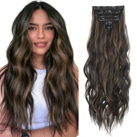 Clip in Hair Extensions for Women, Natural Balayage Dark Brown to Chestnut, 24 Inch 6PCS Hairpieces Long Wavy Soft Hair Extensions clip ins