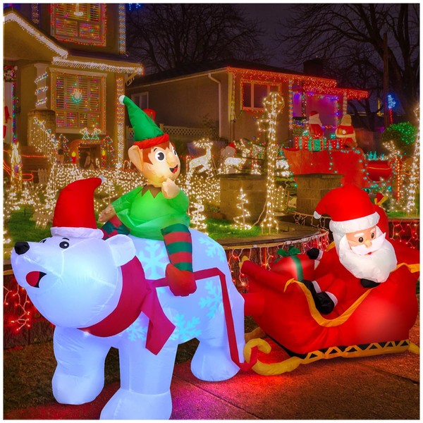 Max Fun 9.5Ft Christmas Inflatables Outdoors Decorations Santa Claus on Sleigh LEDs Build-in Blow Up Christmas Holiday Outdoors Yard Decoration for Outdoor Indoor Garden Lawn