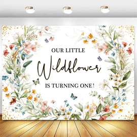 InMemory Wildflower 1st Birthday Backdrop Spring Butterfly Floral Plants Flowers Glitter Princess Girl One Year Old First Birthday Party Decorations Photography Background Banner 6x4ft