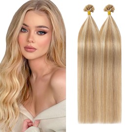 Silk-co U Tip Pre Bonded Hair Extensions 100 Strands #12P613 Golden Brown&Bleach Blonde Real Human Hair 20inch 100g Keratin Nail Fusion 100% Remy Hair Nail Extension Straight
