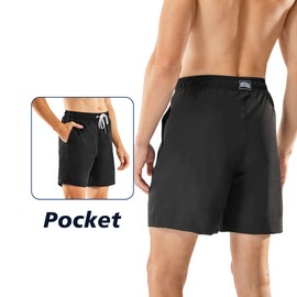 BRISIRA Mens Swim Trunks Swim Shorts 7 inch Compression Liner Bathing Suit Beach Shorts Swimwear Stretch Quick Dry Pockets Black