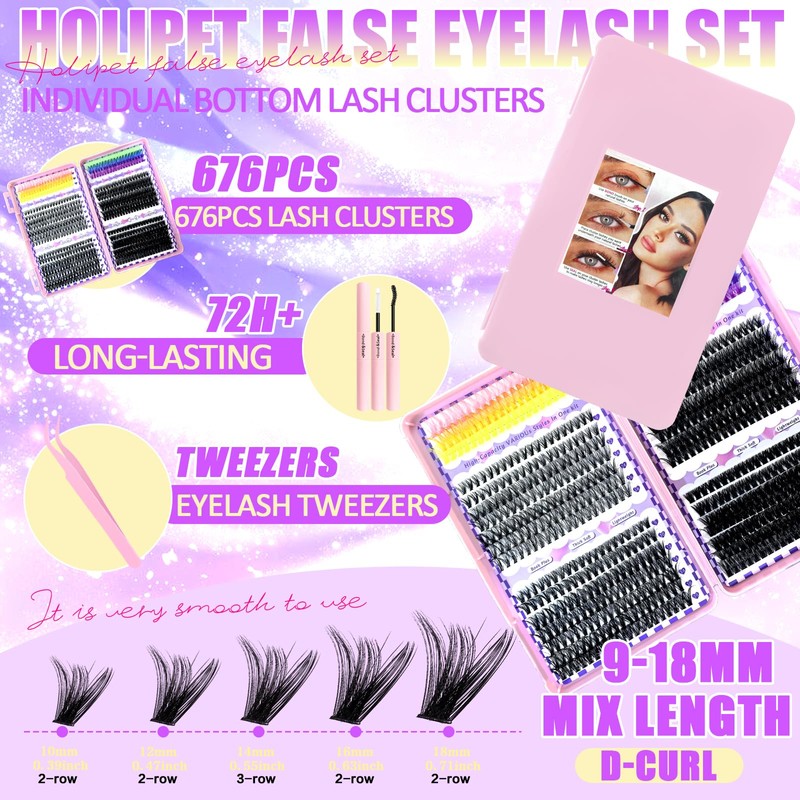 680 Pcs Lash Clusters Kit, 28 Rows Mixed Black and