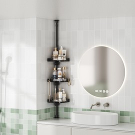 YCIA&DONE Corner Shower Caddy Tension Pole, Rotating Shower Organizer for Bathroom Shelf Bathtub, Adjustable Standing Shower Rack Bathroom Accessories, Easily Assemble, 34-124 Inch Height