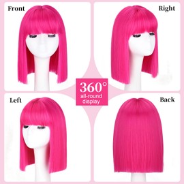 Hot Pink Short Bob Wig with Bangs,12 Inch Short Straight Bob Wigs for Women,Shoulder Lenght Heat Resistant Synthetic Hair for Party Cosplay Use