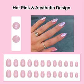ANDGING Hot Pink Press on Nails Almond Short Glue on Nails for Women Medium Fake Nails with Aesthetic Designs Full Cover Stick on Nails for Wedding Classy Gel Acrylic Manicure False Nails