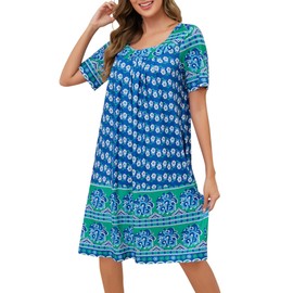 ETOSELL Nightgowns for Women with Pockets Short Sleeve House Dress Pleated Moo Moos Floral Print Lounge Mumu Dresses Blue