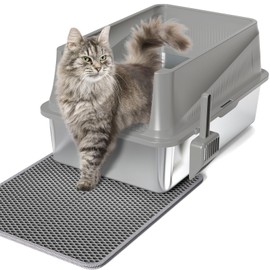 Stainless Steel Litter Box,High Sided Enclosed Cat Litter Boxes with Scatter Shield,XLarge Metal Litter Box for Large Cats, Non-Stick & Anti-Leakage, Easy to Clean, Included Scoop, and Mat (Lightgrey)