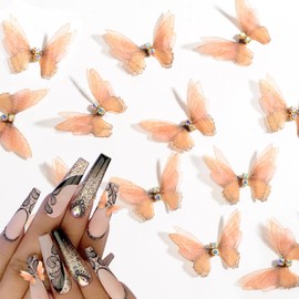 BAIYIYI 10Pcs 3D Butterfly Nail Rhinestones Charms Nail Sticker Double Layer Colorful Organza Butterflies Fabric Butterfly for DIY Crafts Jewelry Wedding Hair Clip Nail Art Supplies