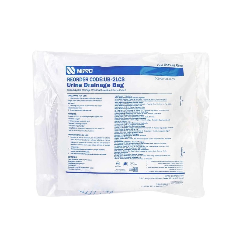 Bolsa Recolectora de Orina Nipro 2000 mL, con Cámara Antirreflujo,