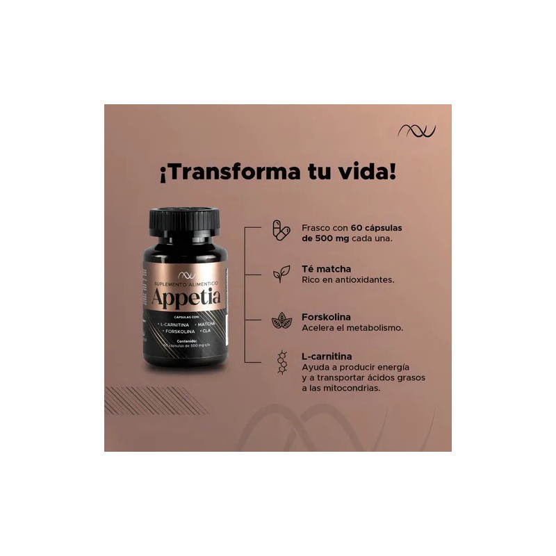 Suplemento Nutrinova Appetia Cápsulas L-Carnitina Matcha Forskolina CLA