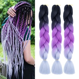 Braiding Hair Black to Purple to Grey 24 Inch Kanekalon Braid Hair Extensions Hot Water Setting (C21-3Packs)