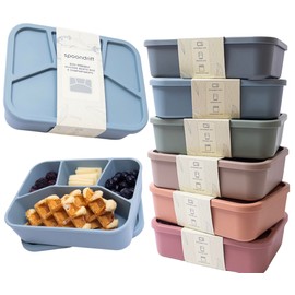 Spoondrift 100% Food Grade Eco-Friendly Leak-Proof Silicone Bento Box Lunchbox, For Child And Adult, 4 Compartment, Choose from 6 Colors (Includes 1 Box, Dusty Blue)