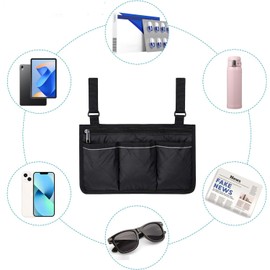 BOBOZHONG Wheelchair Storage Bag, Portable Wheelchair Bag for Armrest, Safe Storage Bag for Wheelchairs with 3 Compartments for Wheelchairs, Children's Chairs, Electric Chairs (Black)