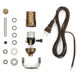 Lamp Base Socket Kit - Electrical Wiring Set for Making, Repairing and Repurposing Lamps - Rewire a Vintage Lamp or Create a Custom Light From Scratch - Antique Brass Socket - 12 Foot Long Brown Cord