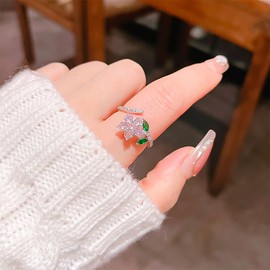 Izpack Pink Flower Spinner Fidget Ring for Women Rotating Crystal CZ Green Leaf Floral Adjustable Open Statement Rings Anxiety Relief Wrap Finger Bands Delicate Jewelry Gifts Wedding Birthday