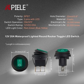 APIELE Waterproof Round Rocker Toggle Switch 2 Position DC 12V 20A ON-Off with LED Light SPST 3 Pins 5Pcs KCD1-8-101NW(Green)
