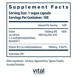 Vital Nutrients Vital Nutrients Vitamin B12 & Methyl Folate | Vegan Methylated Folate & B12 Supplement | 5-MTHF Plus B12 Supports Nervous System & Metabolism* | Gluten, Dairy, Soy Free | 100 Capsules