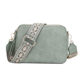 SG SUGU Andrea Triple Compartment Crossbody Bag for Women Trendy Vegan Leather Shoulder Bag with 2 inch Wide Guitar Strap MOSS