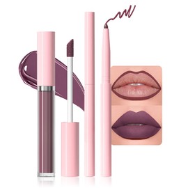 JUAAZIN 2pcs Old Mauve Matte Lip Liner and Lipstick Makeup Set, Vegan Lipstick Lip Liner and Gloss Set Lip Stain Long Lasting Waterproof Smudge-Proof Properties Non-stick Cup(Old Mauve 06#)