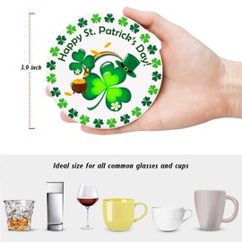 LOKMU Coasters for Drinks,Round Absorbent Ceramic Stone Coaster Sets of 6 with Metal Holder Stand,Happy St Patricks Day Coasters with Cork Base for Coffee Wooden Table,Housewarming Gifts