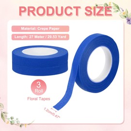 MECCANIXITY 3 Rolls Floral Tapes, 30 Yard x 1/16 in Florist Crepe Flowers Bouquets Tape Adhesive Waterproof for Flower Arranging Wrapping, Blue