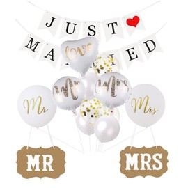 Borsgye 14PCS Just Married Banner Mr and Mrs Wooden Signs Letters Decorations Set Love Foil Balloons Glitter Latex Balloons Reception Sign Garland for Table Decor Bridal Decorations Supplies