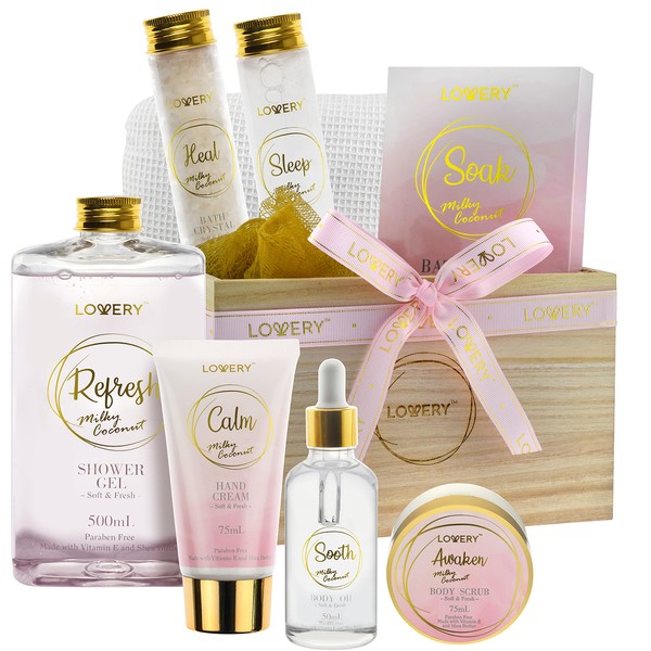 Barbie Bath Gift Set - Home Spa Gift Basket with Milky Coconut Scent, Vitamin E & Shea Butter with Shower Gel, Bath Salt & Crystals, Body Scrub, Hand Cream, Body Oil, Bath Pillow, Wooden Crate & More