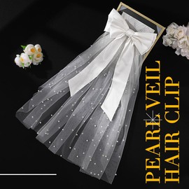 JAKAWIN Bride Wedding Bow Knot Veil White Tulle Hair Clip Bridal Pearl Short Veils Bachelorette Party Hair Accessories for Women FJ012, White, Free size