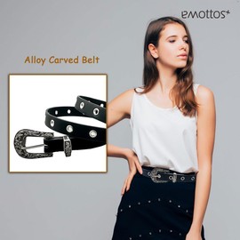 EMOTTOS Women's Vintage Leather Belt - Carving Buckles Belt Western Cowboy Cowgirl for Women Belt with Exquisite Carving Retro Buckle for Jeans Dress Dress, E-rivet