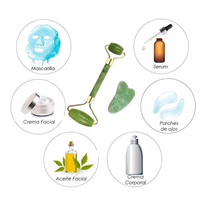 Mafab Set Rodillo Jade +guasha Masaje +cepillo Facial +antifaz Gel