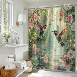 JEJOMEAG Hummingbird Flowers Shower Curtain Rainforest Wildflower Floral Rustic Nature Garden Fabric Bathroom Decor Curtain with Hooks, 70Wx70H