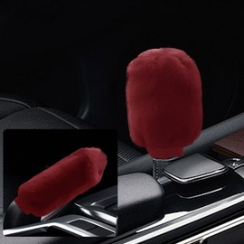 2PCS Plush Car Gear Shift Knob Cover & Handbrake Cover, Soft Fluffy Shift Knob Brake Handle Protector, Universal Car Interior Accessories (Burgundy)
