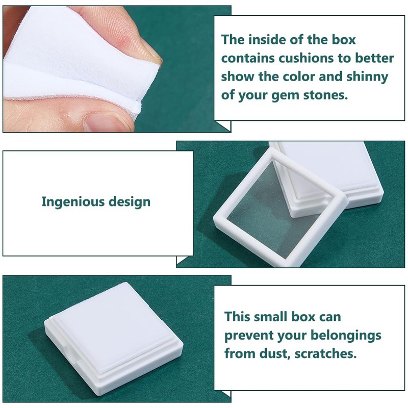BENECREAT 48Pcs White Gemstone Display Box, 4x4x1.5cm Plastic Transparent Bare