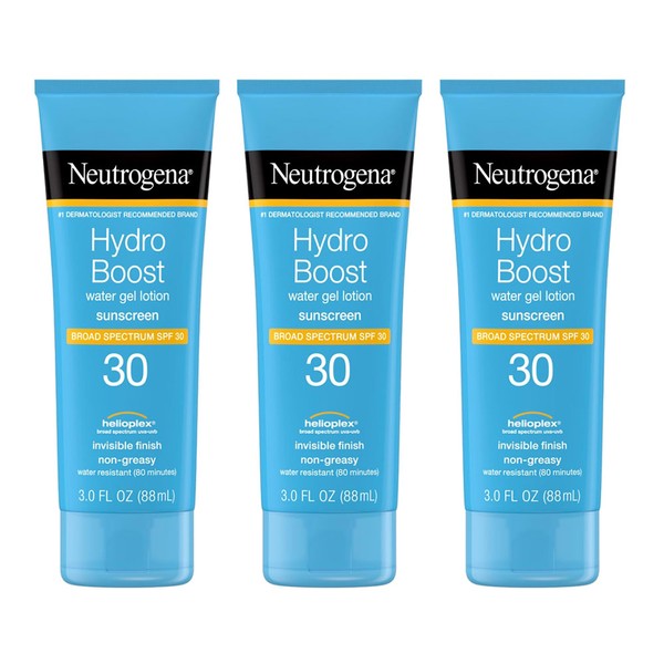 Neutrogena Hydro Boost Water Gel Sunscreen Lotion with Broad Spectrum SPF 30, Water-Resistant Hydrating Body Sunscreen, Non-Greasy & Moisturizing, Hyaluronic Acid, Travel Size, 3 fl. Oz