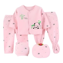 FATASH 5 PCs Newborn Baby Clothes Soft Cotton Outfit Gift Set (0-3 Months) for Boys & Girls, 1 Full Sleeve Top, 2 Pants, 1 Hat, 1 Bib Unisex Infant Night Playsuit - Pink Panda