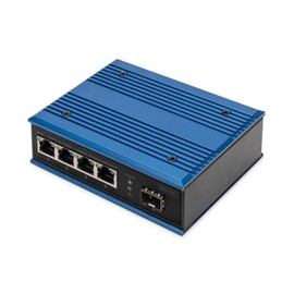 DIGITUS Network Switch - 5-Port Gigabit Ethernet - 4X RJ45 + 1x SFP Port - Unmanaged - 10/100/1000 Mbit/s - DIN Rails & Wall Mounting - IP40 - Industrial Series - Blue