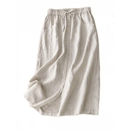 IDEALSANXUN Linen Skirts for Women Summer A Line Flowy Casual Drawstring High Waist Button Down Midi Skirts with Slit, Beige, X-Large