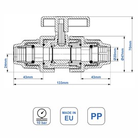 SmartProduct 20 mm PE Pipe Ball Valve PN10 - Plastic Tap Clamp Connector - 20 mm PP Shut-off Valve Coupling Compatible with PE80 PE100 Pipes - Ball Valve - Pack of 1